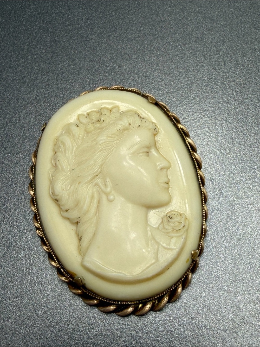 Vintage Celluloid Ivory Cameo Brooch with Gold-Tone Frame